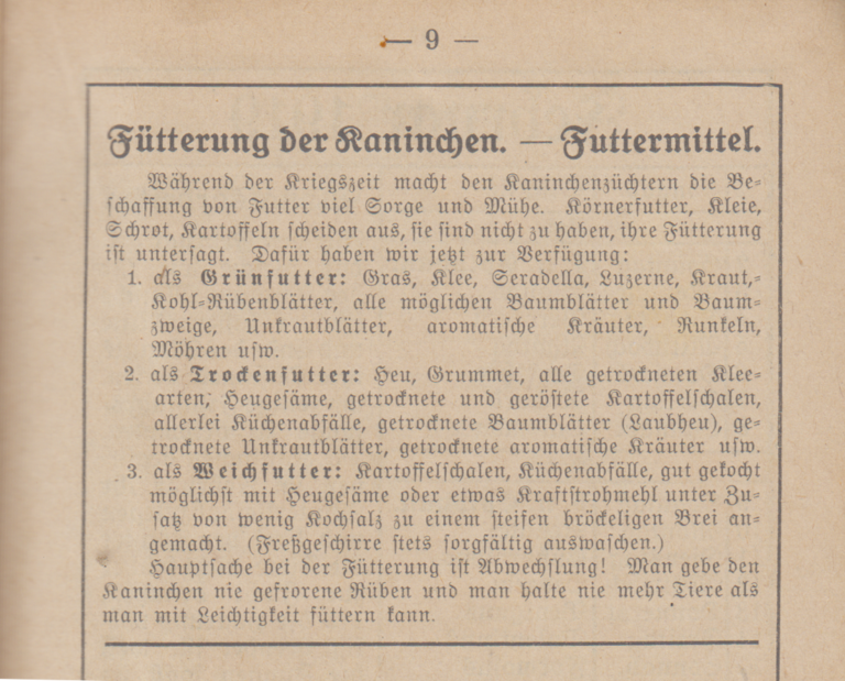 Fütterung der Kaninchen. Wahls Taschenkalender 1919