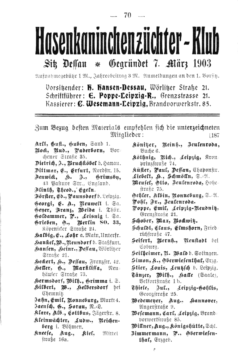 Hasenkaninchenzüchter-Klub gegr. 1903 – Mitglieder. Wahls JB 1909