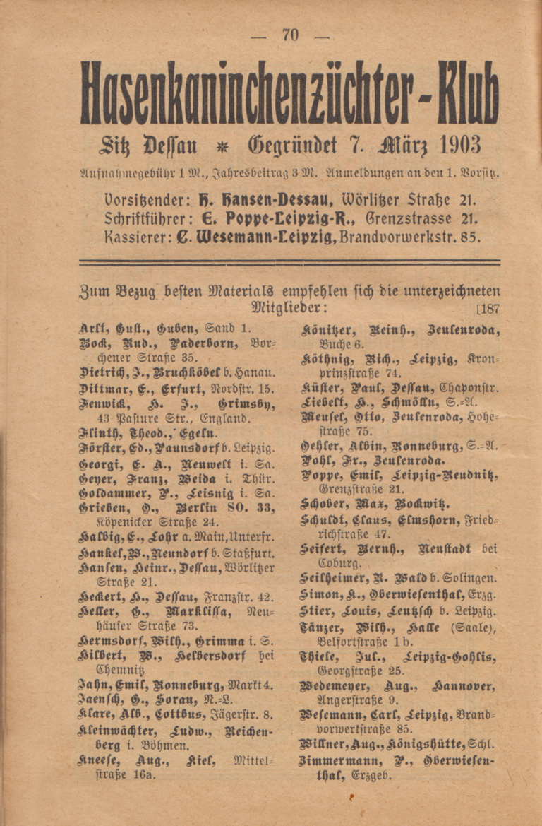 Hasenkaninchenzüchter-Klub gegr. 1903 – Mitglieder. Wahls. JB 1909